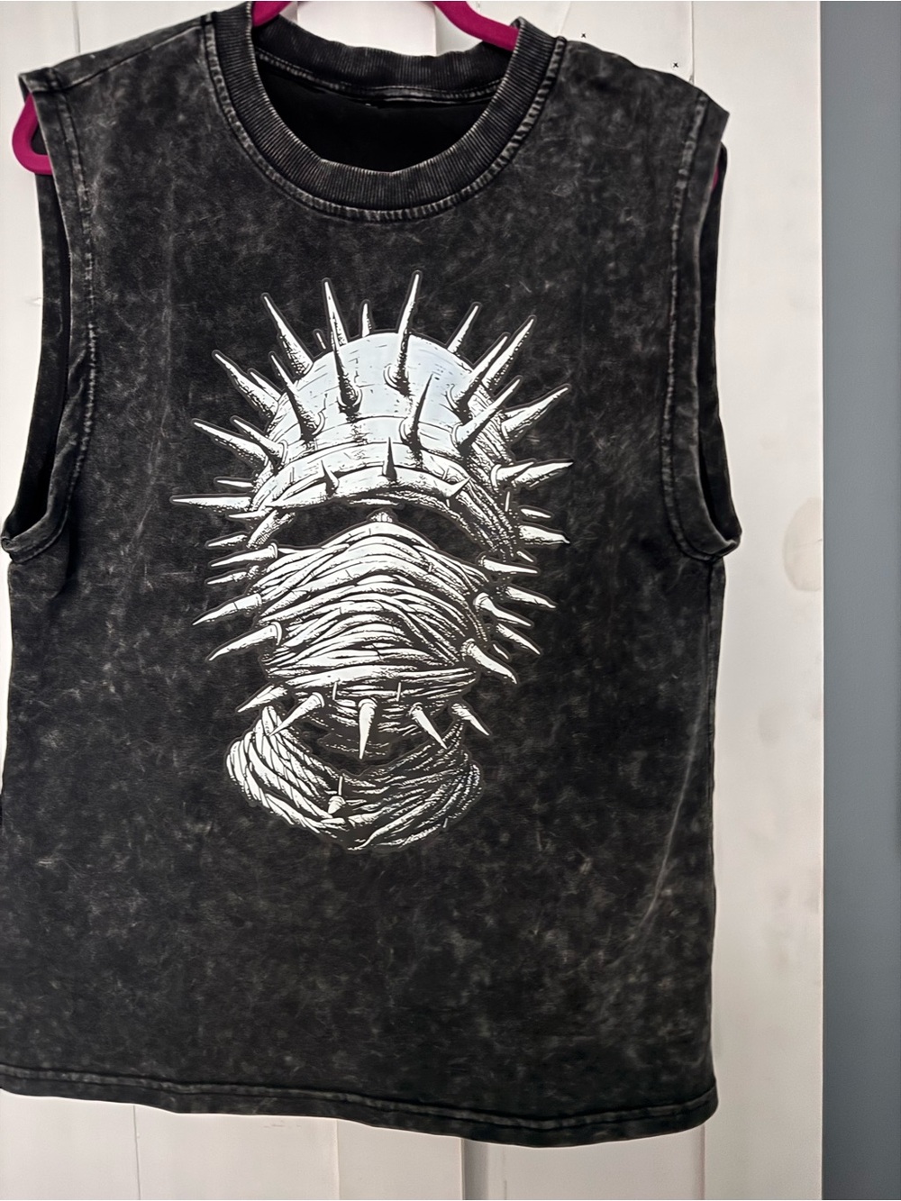 Black Mineral Wash Sleeveless Graphic Tank with White Spiked Mask Print